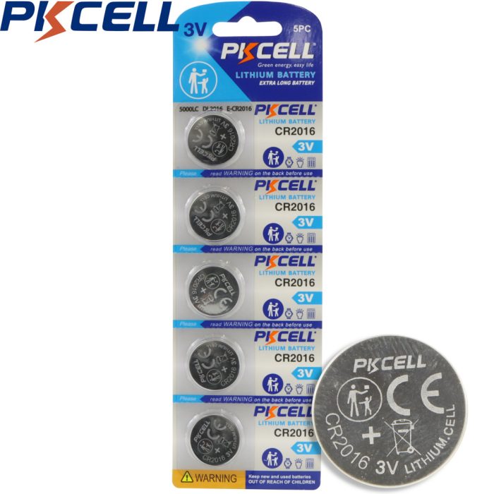 PKCELL CR2016 3V 75 mAh Lithium Button Battery (5 Pack)