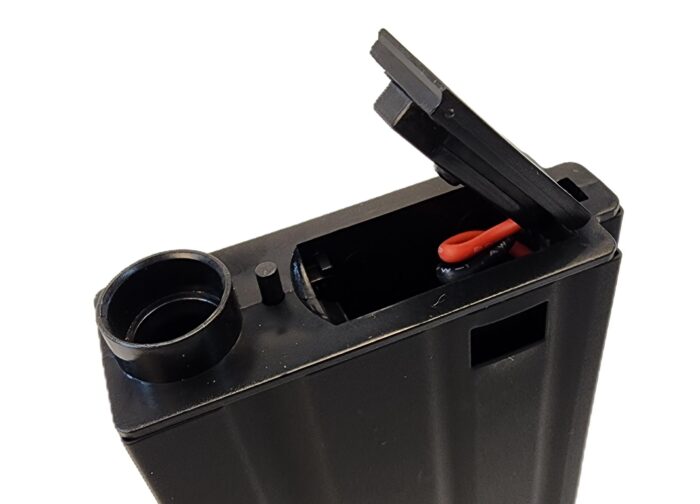 Top view of E&C hk416 metal magazine, with the refill chamber opened