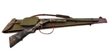 front view of Premium Canvas Rifle Bag with Leather Trim, with rifle for size comparison (rifle not included)