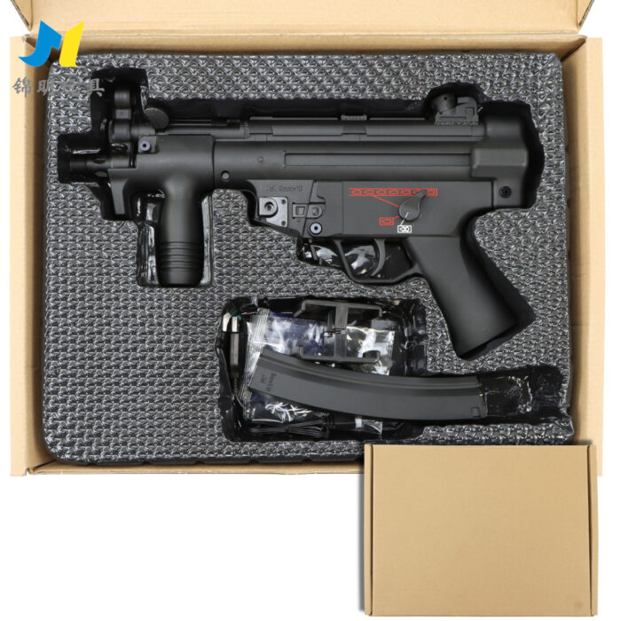 JM MP5K PDW AEG Gel Blaster — compact black PDW-style replica shown with magazine coupler attached and included 7.4V battery