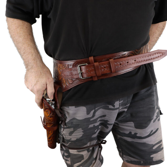 Classic Western Leather Gun Belt - Light Ornate Cowboy Design