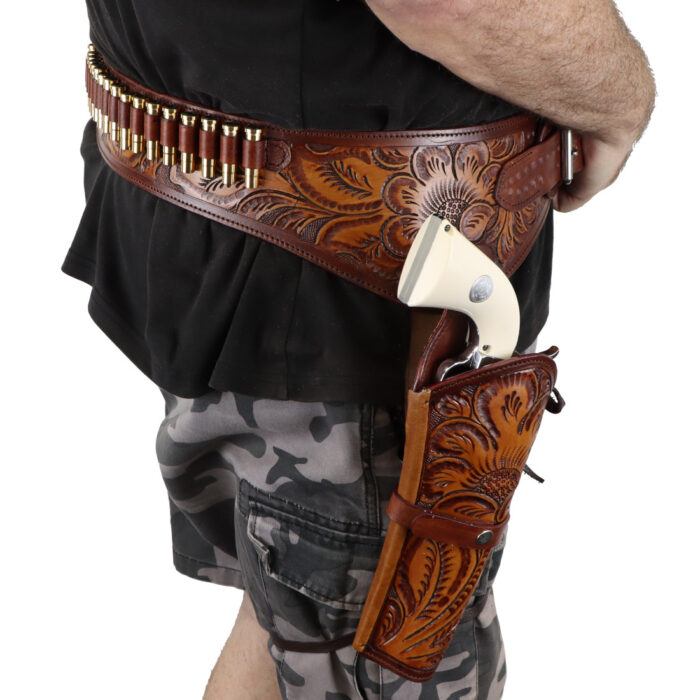 Classic Western Leather Gun Belt - Light Ornate Cowboy Design