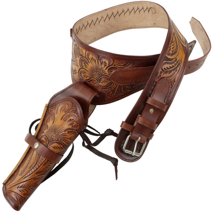 Classic Western Leather Gun Belt - Light Ornate Cowboy Design